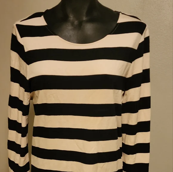Theory Black/Cream Stripe Three Quarter Sleeve Crew Neck Stretch Dress. Sz Med - Picture 3 of 5